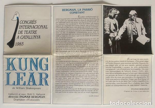 Coleccionismo: Kung Lear, Dramaten, Ingmar Bergman (dir.), Barcelona 1985 (Rey Lear, Shakespeare). Saura-Torrente