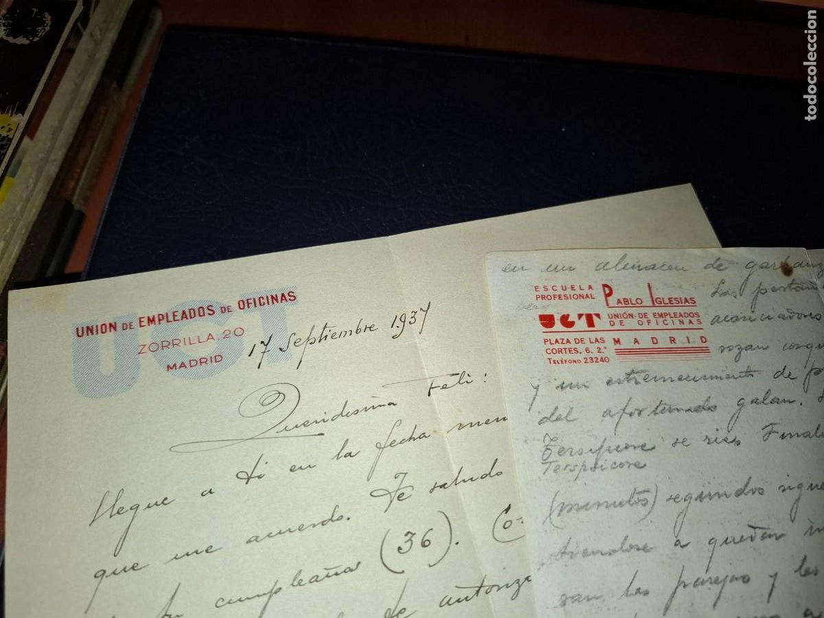 Coleccionismo: Cartas, privado. U.G.T. de oficinas. escuelas pablo iglesias. 1937