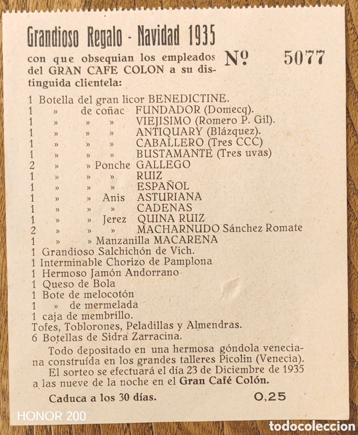 Coleccionismo: Boleto Sorteo de Navidad de los - Empleados del Caf&eacute; Col&oacute;n - Madrid Navidad 1935