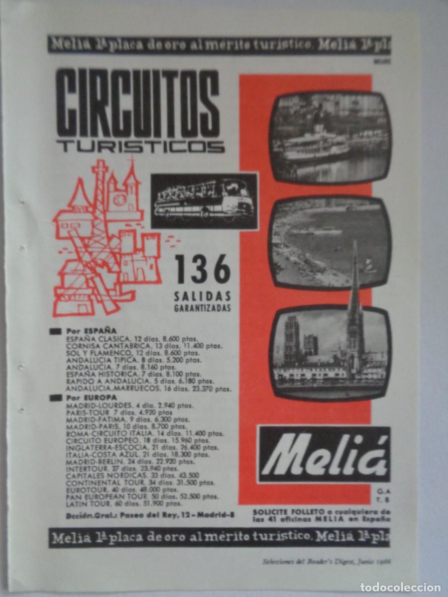 Colecionismo: HOJA DE REVISTA CON ANUNCIO DE VIAJES MELI&Aacute; , CIRCUITOS TURISTICOS 1966