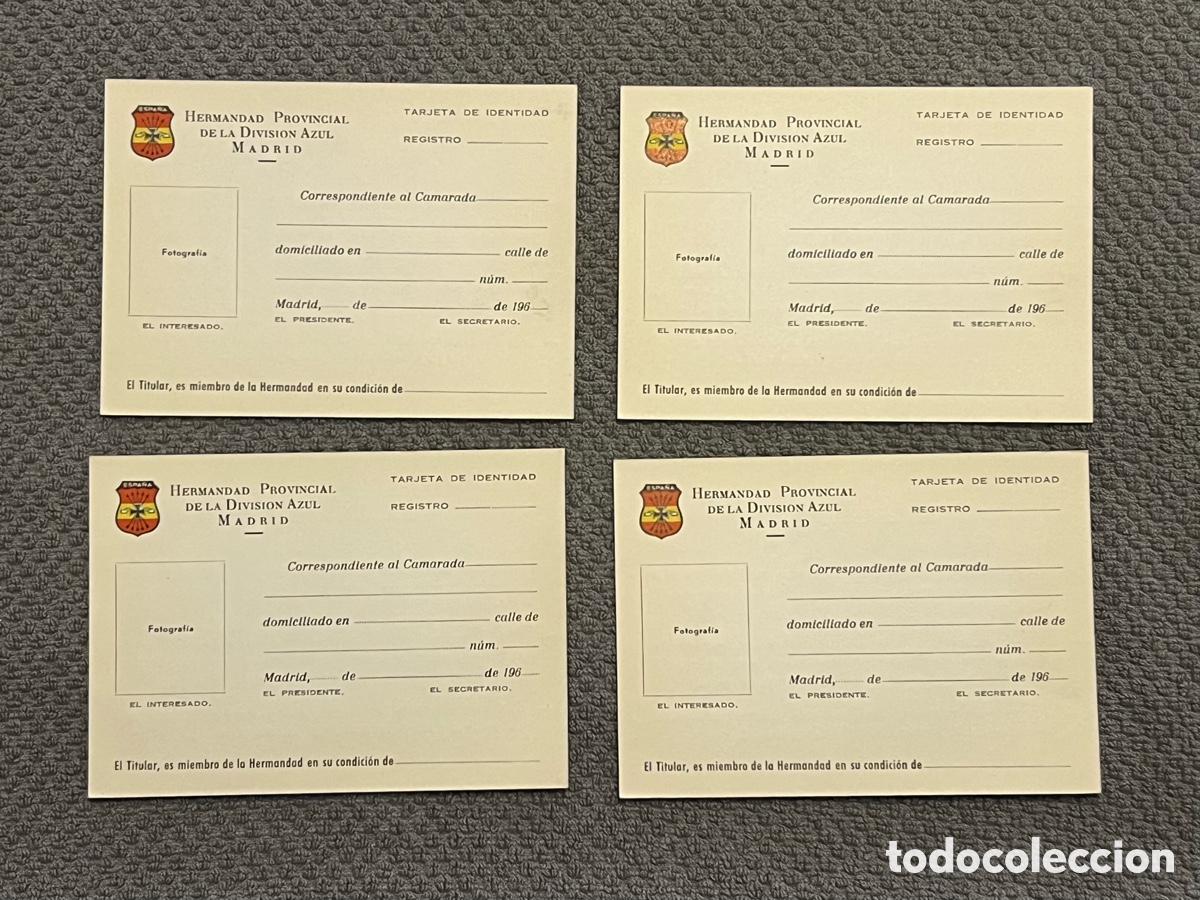 Coleccionismo: HERMANDAD PROVINCIAL DE LA DIVISION AZUL MADRID (4) Tarjetas de identidad