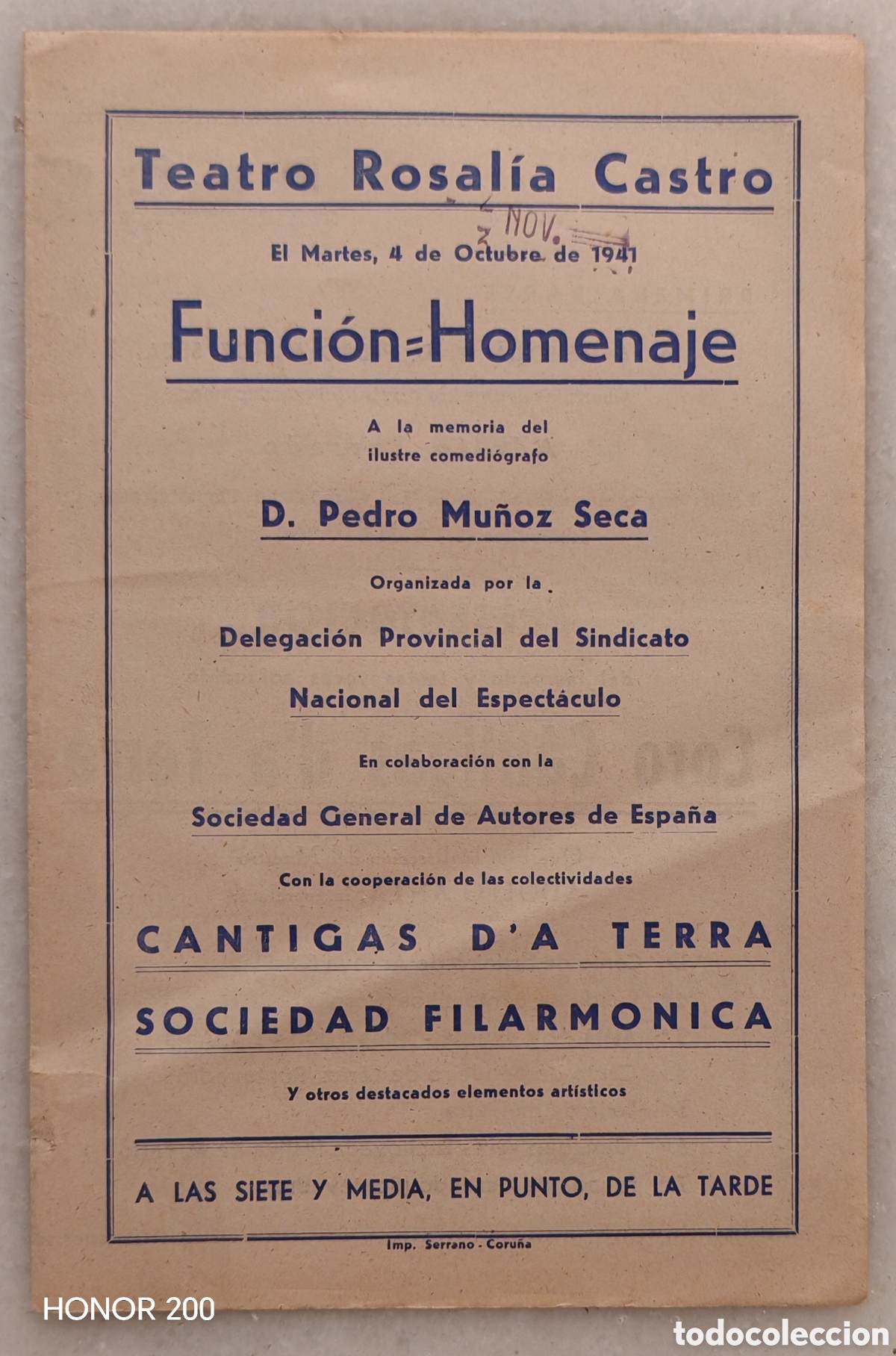 Coleccionismo: Programa - Funci&oacute;n Homenaje a Mu&ntilde;oz Seca - Teatro Rosal&iacute;a de Castro. A Coru&ntilde;a 1941 - Foto 2
