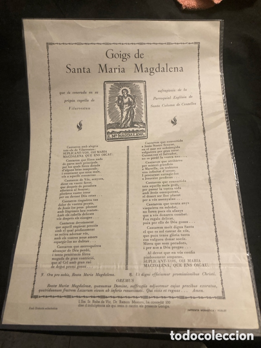 Coleccionismo: Goigs Santa Maria Magdalena imp Poblet 1956