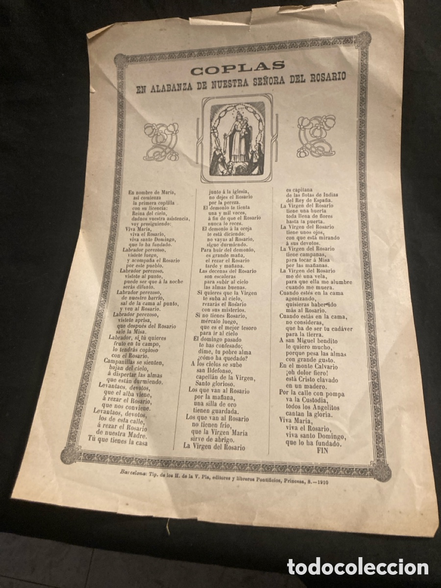 Coleccionismo: Coplas goigs nuestra se&ntilde;ora del Rosario 1910