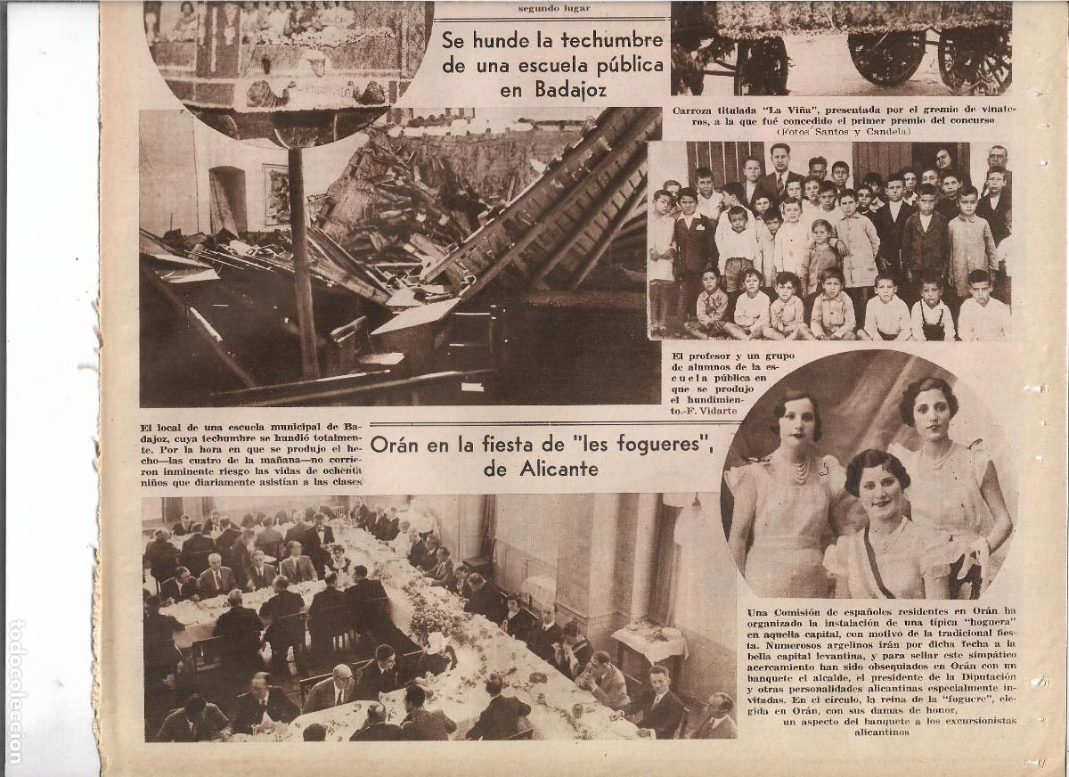 Coleccionismo: A&Ntilde;O 1933 RECORTE PRENS BADAJOZ HUNDIMIENTO TECHO DE LA ESCUELA PUBLICA PROFESOR ALUMNOS SIN VICTIMAS