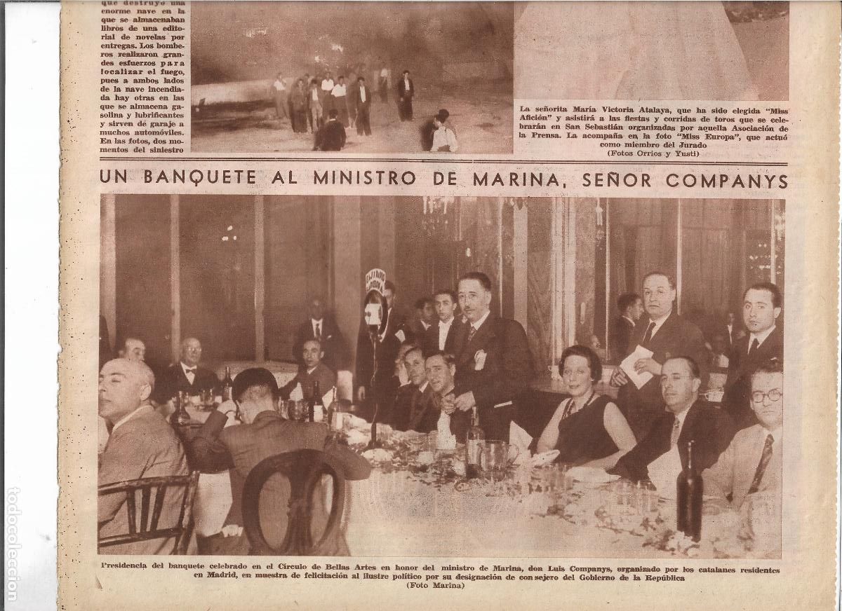Coleccionismo: A&Ntilde;O 1933 RECORTE PRENSA MADRID BANQUETE HOMENAJE A LLUIS COMPANYS MINISTRO DE MARINA