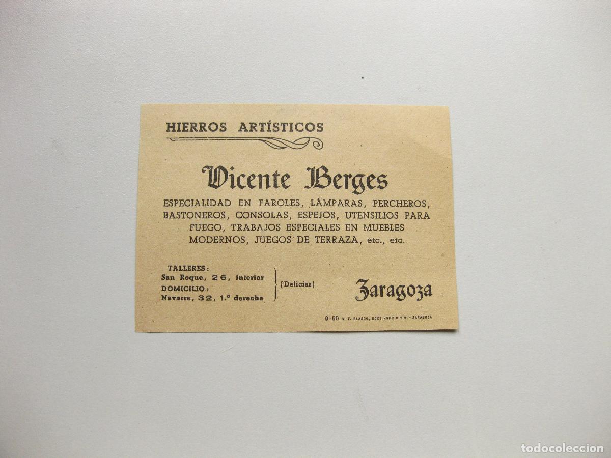 Coleccionismo: ANTIGUA TARJETA PUBLICITARIA DE LA F&Aacute;BRICA DE HIERROS ART&Iacute;STICOS VICENTE BERGES. ZARAGOZA