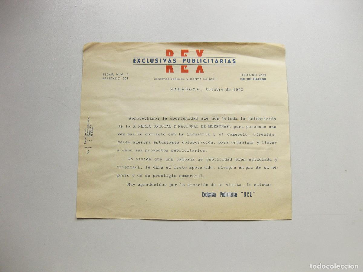 Coleccionismo: HOJA PUBLICITARIA CON CARTA COMERCIAL DE EXCLUSIVAS PUBLICITARIAS REX. ZARAGOZA 1950