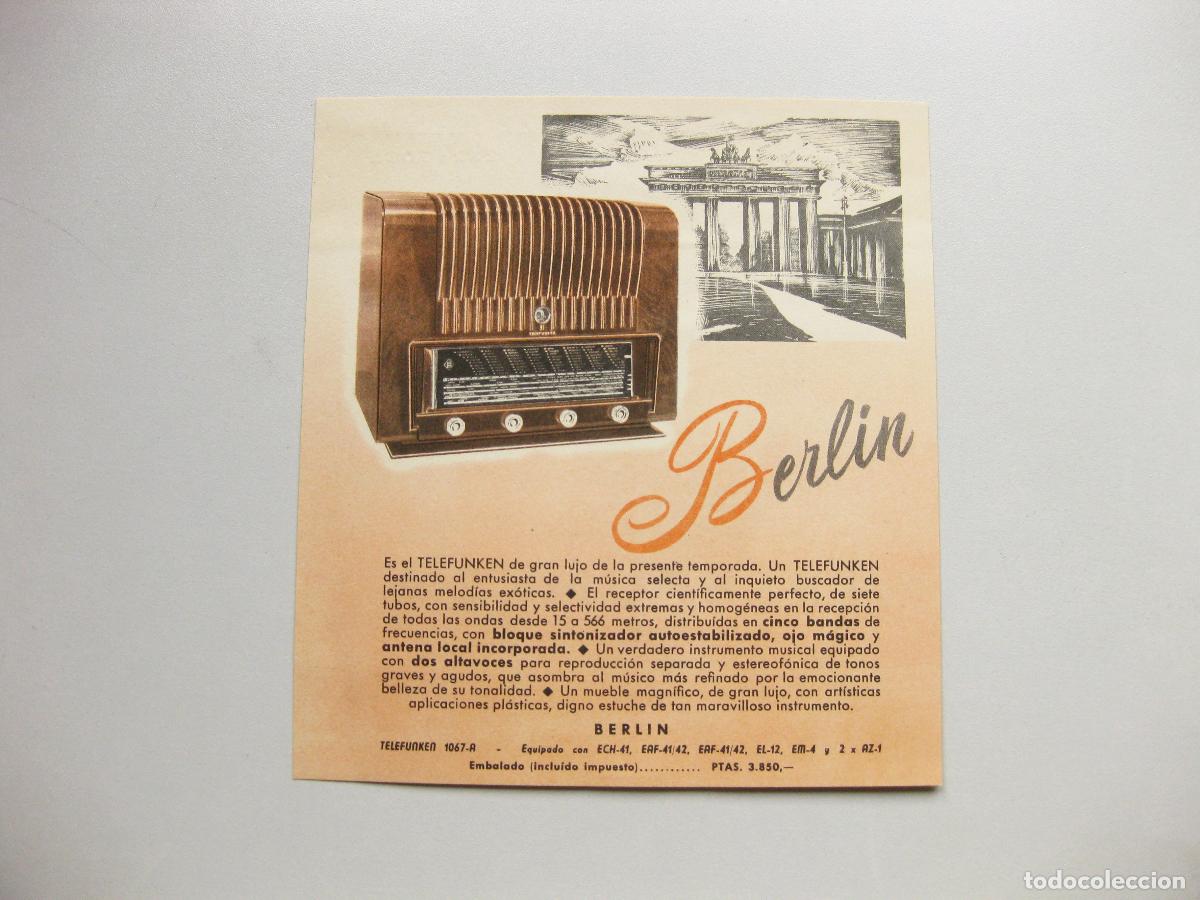 Coleccionismo: HOJA PUBLICITARIA CON ANUNCIO DE LA RADIO TELEFUNKEN BERL&Iacute;N. A&Ntilde;OS 50