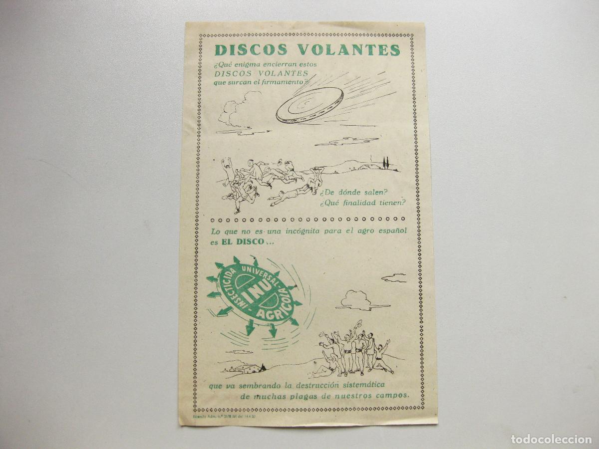 Coleccionismo: HOJA PUBLICITARIA DE DISCOS VOLANTES. INSECTICIDA UNIVERSAL AGR&Iacute;COLA. A&Ntilde;OS 50. OVNIS