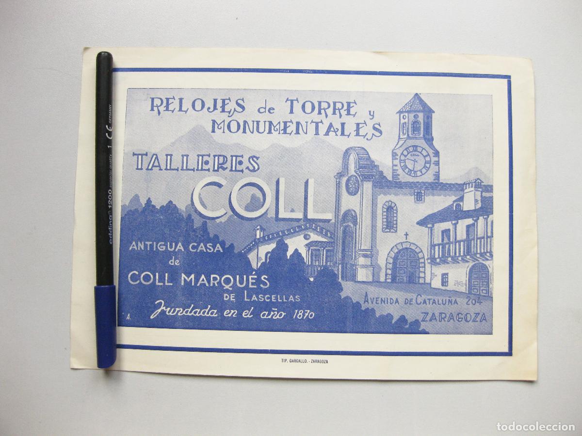Coleccionismo: HOJA PUBLICITARIA DE TALLERES COLL. CONSTRUCCI&Oacute;N DE RELOJES DE TORRES Y MONUMENTALES. ZARAGOZA.