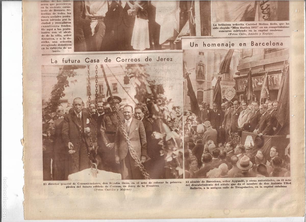 Coleccionismo: A&Ntilde;O 1933 RECORTE PRENSA JEREZ DE LA FRONTERA PRIMERA PIEDRA NUEVO EDIFICIO CASA DE CORREOS