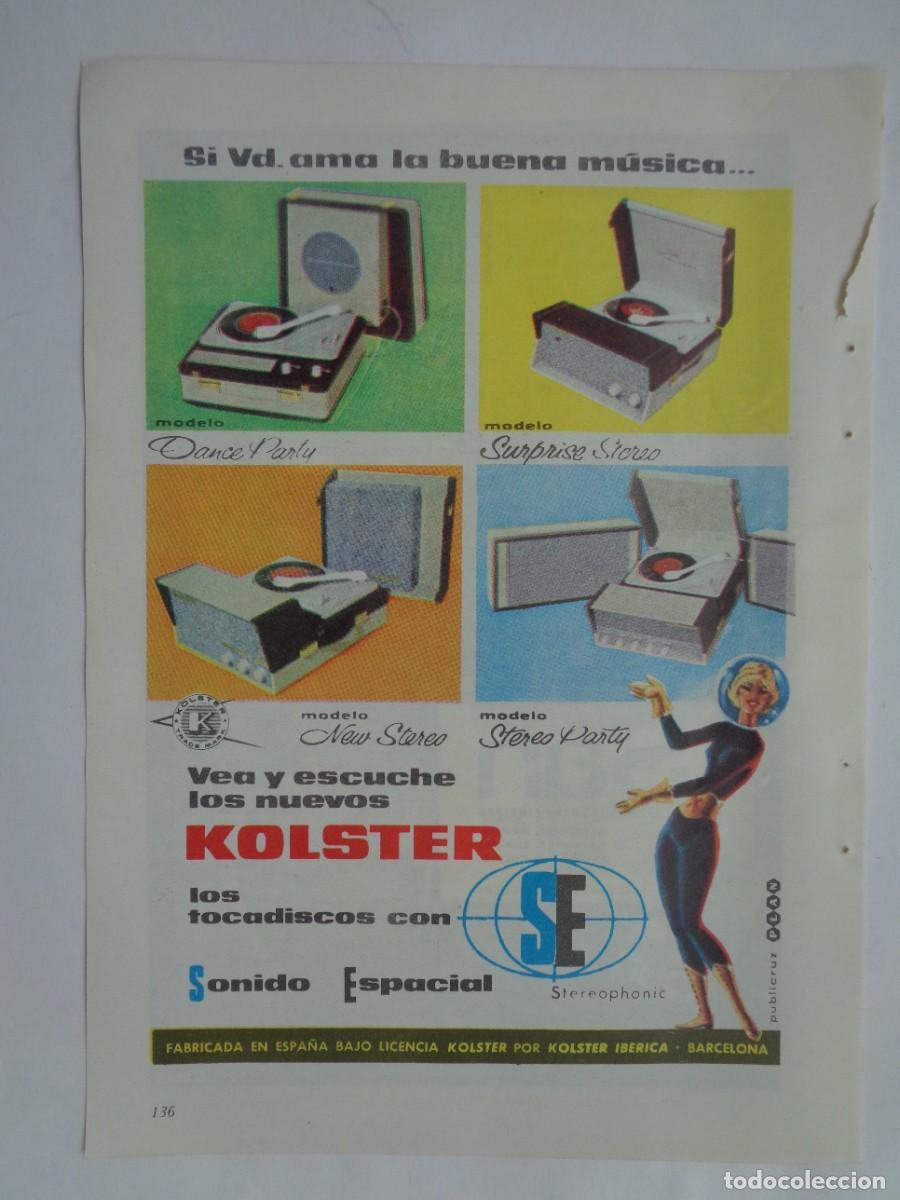 Coleccionismo: HOJA DE REVISTA CON ANUNCIO DE TOCADISCOS KOLSTER . A&Ntilde;OS 60