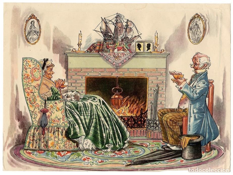 Collectionnisme: Antigua l&aacute;mina / Escena costumbrista inglesa - Pareja de ancianos ingleses tomando el t&eacute; &middot; Chimenea