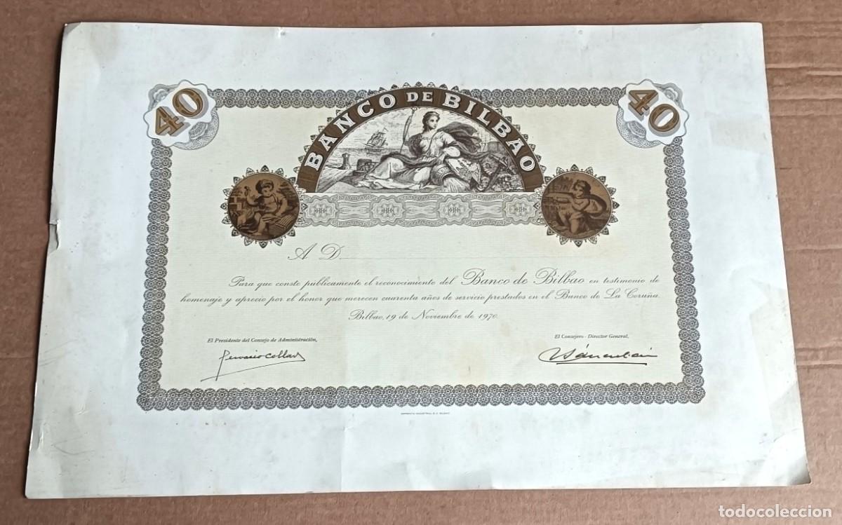 Coleccionismo: Diploma del 40 a&ntilde;os al servicio prestado // Banco de Bilbao &ndash; de la Coru&ntilde;a 1970
