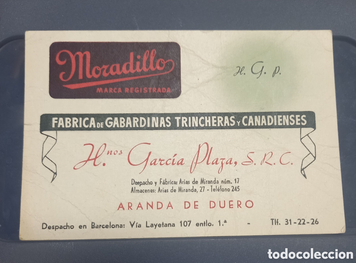 Coleccionismo: Tarjeta publicitaria antigua Gabardinas MORADILLO (Aranda de Duero) - Hnos. Garc&iacute;a Plaza - A&ntilde;os 50