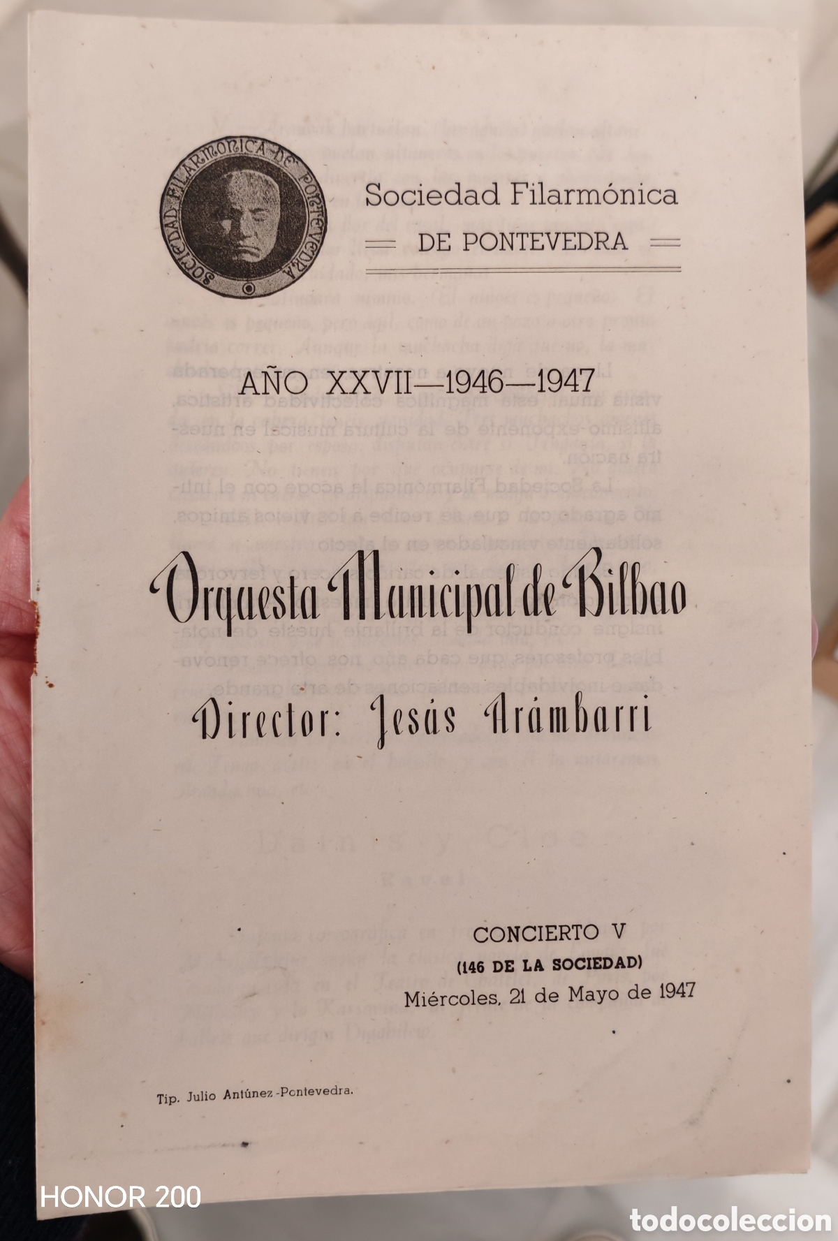 Coleccionismo: Programa - Sociedad Filarm&oacute;nica Pontevedra. Orquesta Municipal de Bilbao - 1947