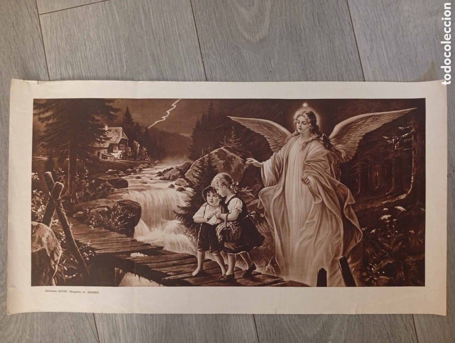 Coleccionismo: L&aacute;mina Litogr&aacute;fica Antigua &rdquo;&Aacute;ngel de la Guarda&rdquo; &ndash; Ediciones Gavin (Madrid), c. 1945