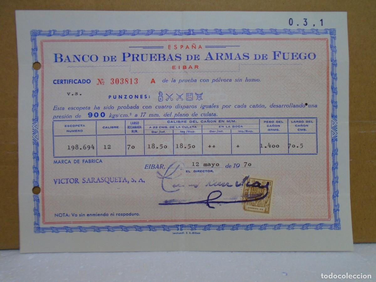 Coleccionismo: BANCO DE PRUEBAS DE ARMAS DE FUEGO.EIBAR,12/5/1970.ESCOPETA VICTOR SARASQUETA.