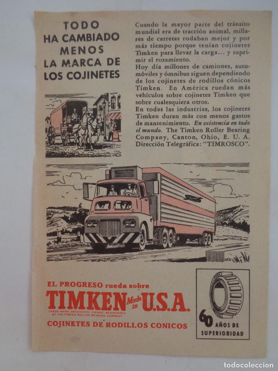 Coleccionismo: HOJA DE REVISTA CON ANUNCIO DE COJINETES TIMKEN MADE IN USA. A&Ntilde;OS 50