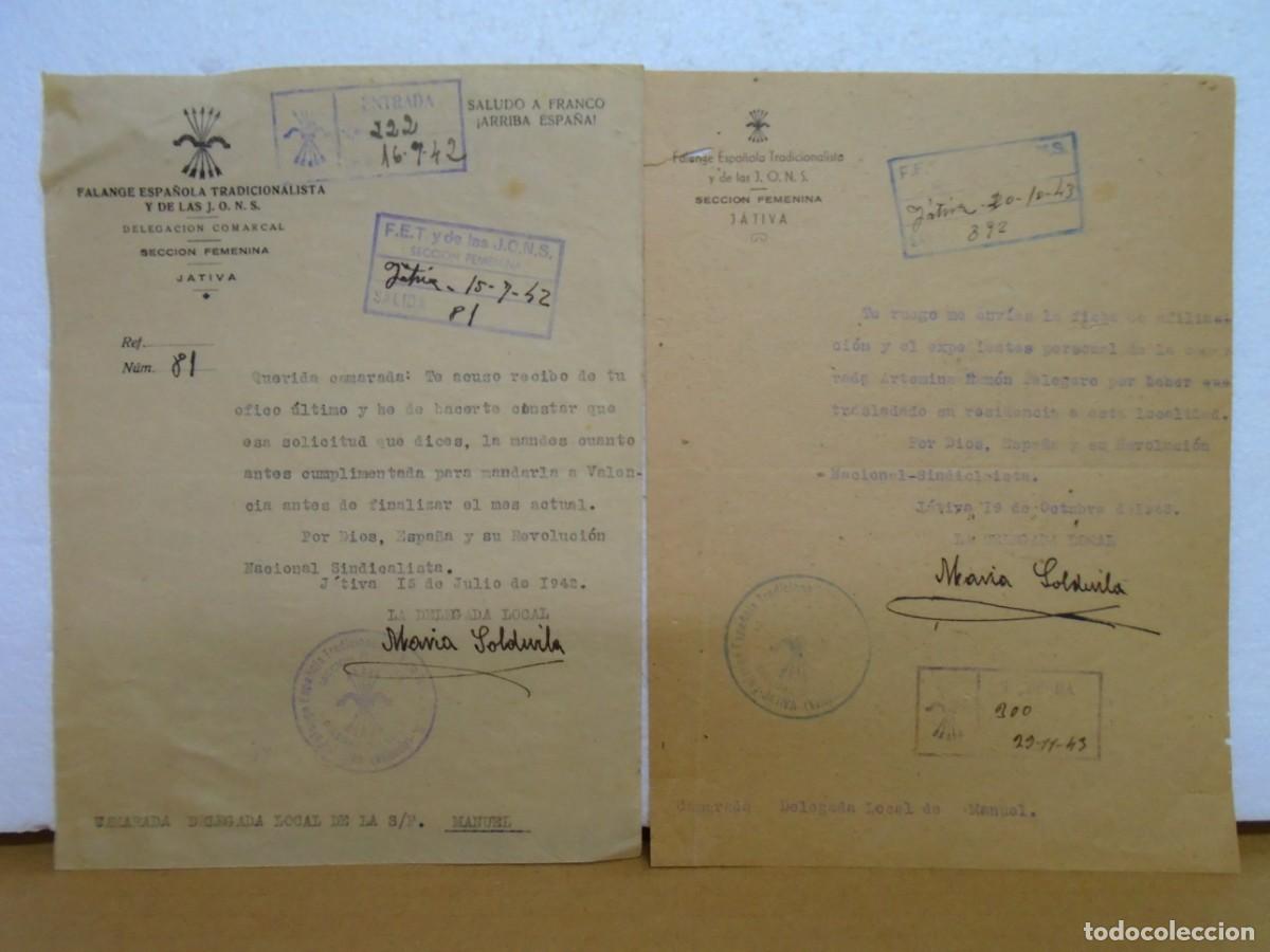 Coleccionismo: JATIVA(VALENCIA)FALANGE Y DE LAS J.O.N.S.(SECCION FEMENINA)DOCUMENTOS 1942-43.