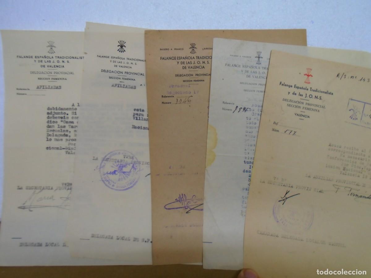 Coleccionismo: VALENCIA.FALANGE Y DE LAS J.O.N.S.(SECCION FEMENINA)DOCUMENTOS(5)A&Ntilde;OS 40/50.