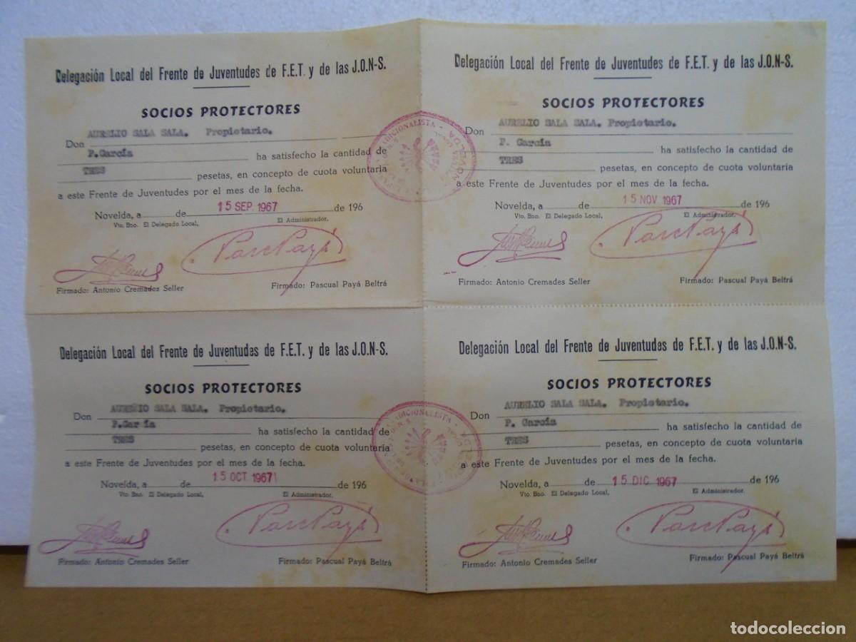 Coleccionismo: NOVELDA(ALICANTE)FRENTE DE JUVENTUDES DE LA F.E.T. Y DE LAS J.O.N.S. RECIBOS(4)1967.