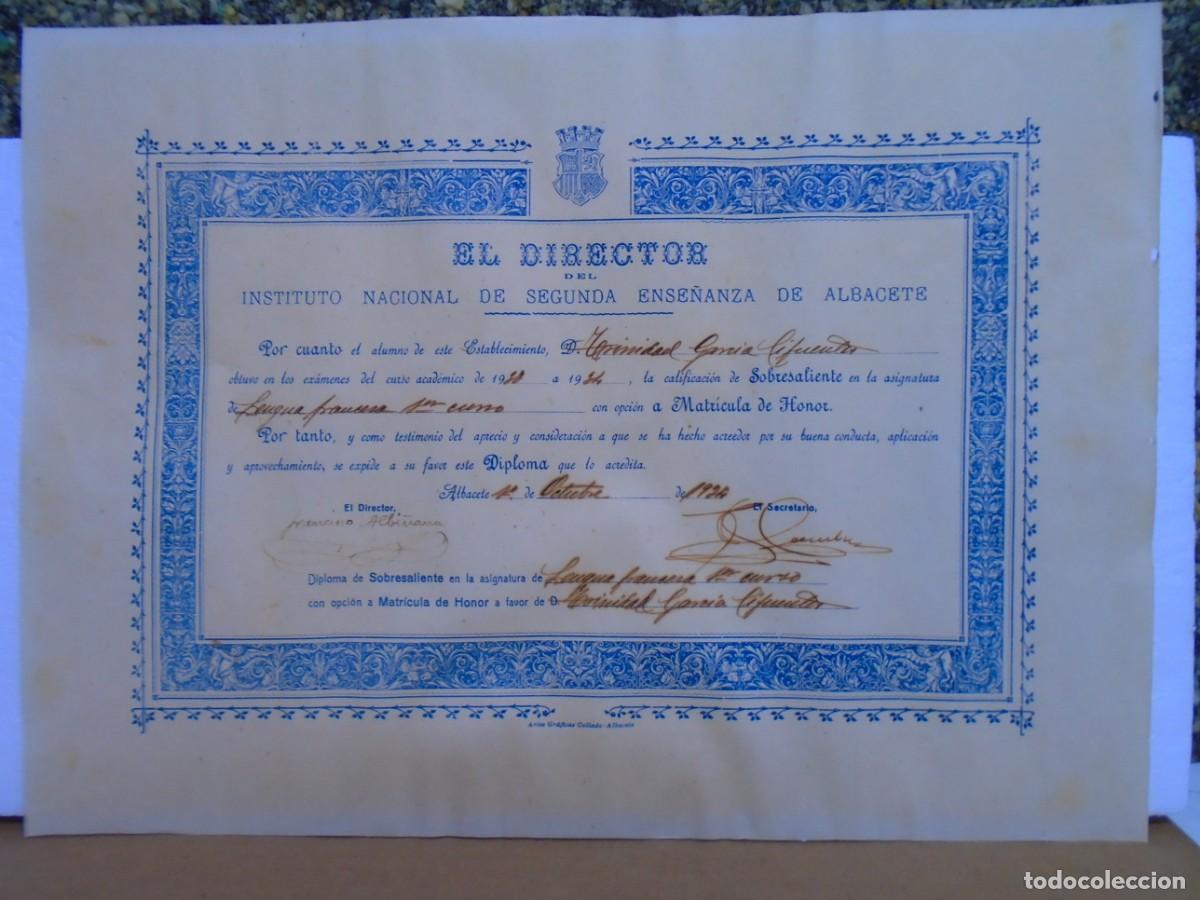 Coleccionismo: REPUBLICA.INSTITUTO NACIONAL DE 2&ordf; ENSE&Ntilde;ANZA DE ALBACETE.DIPLOMA DE 1934.43X31 CM.