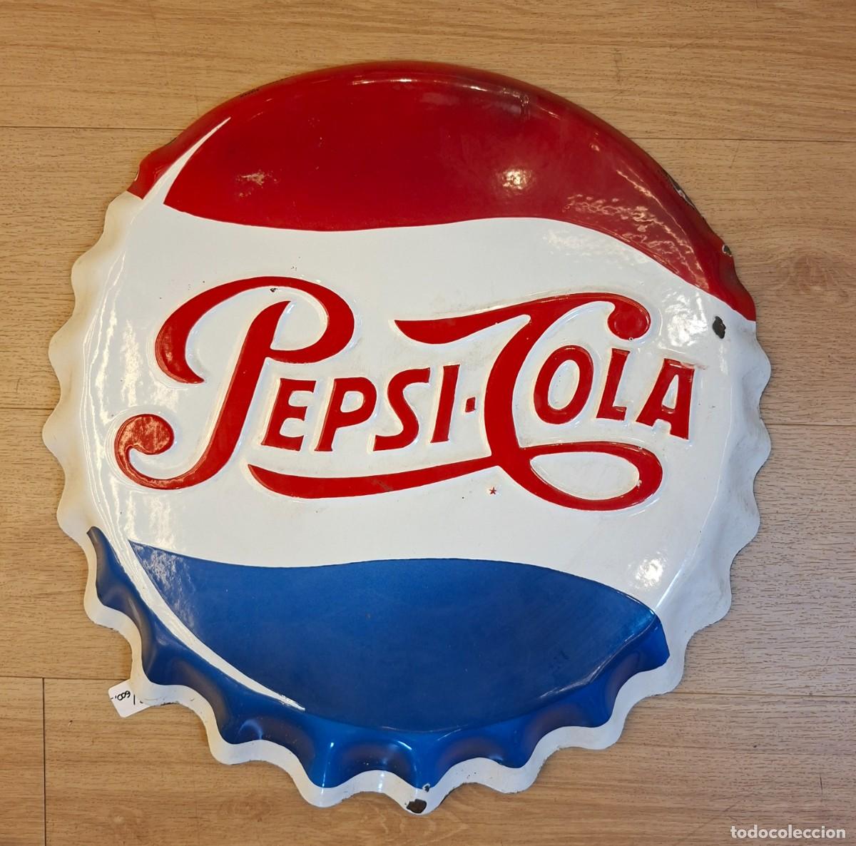 Coleccionismo: Cartel publicitario en metal esmaltado de Pepsi Cola a&ntilde;os 50