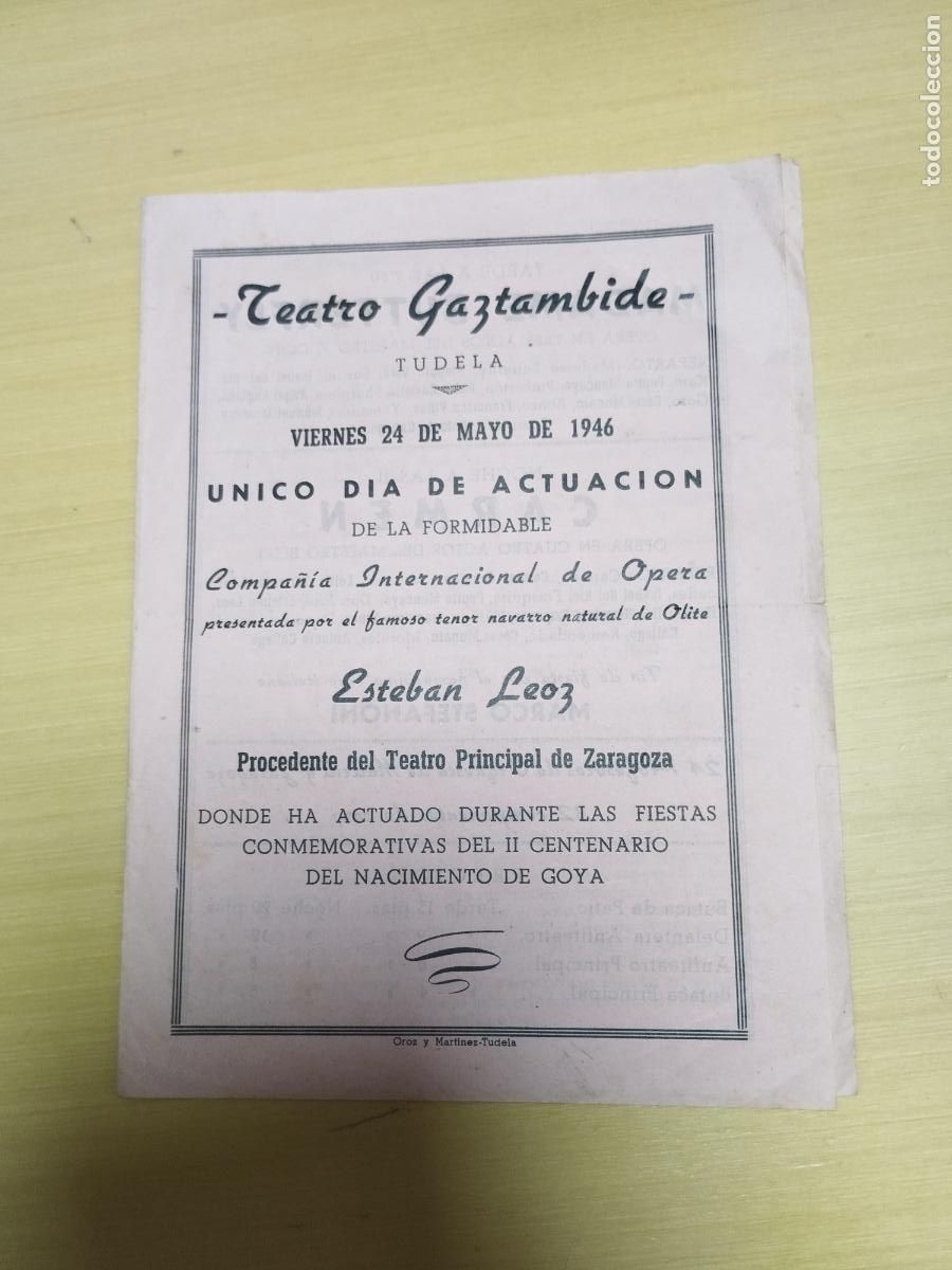 Colecionismo: TEATRO GAZTAMBIDE. TUDELA. NAVARRA. PROGRAMACION 24/05/1946. OPERA. CARMEN. MADAME BUTTERFLY