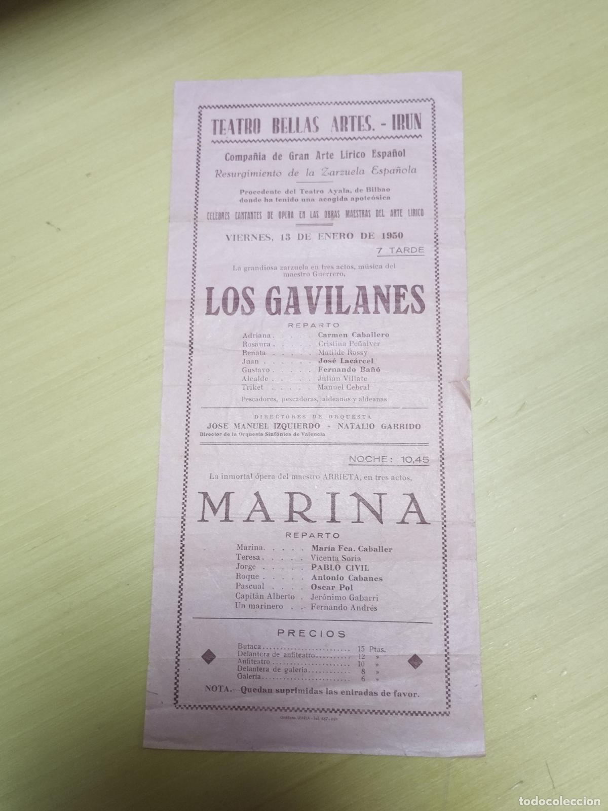 Colecionismo: TEATRO BELLAS ARTES DE IRUN. ZARZUELA. LOS GAVILANES Y MARINA. 13/01/1950