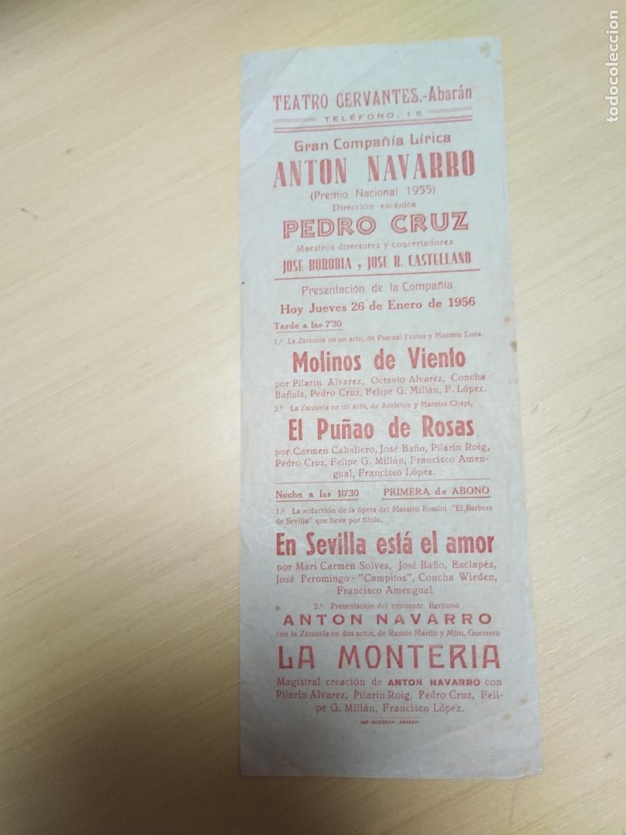 Sammelleidenschaft Papier: TEATRO CERVANTES DE ABARAN. MURCIA. PROGRAMA DE ZARZUELAS. LEER DESCRIPCION. 26/01/1956