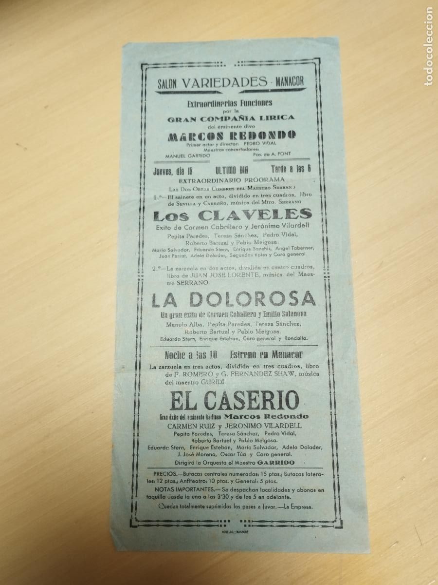 Colecionismo: SALON VARIEDADES. MANACOR. MALLORCA. ZARZUELA. LOS CALVELES. LA DOLOROSA. EL CASERIO.