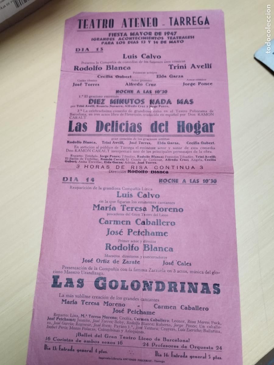 Colecionismo: TEATRO ATENEO DE TARREGA. PROGRAMA DE FIESTA MAYOR 1947. COMEDIAS, ZARZUELAS, ETC.