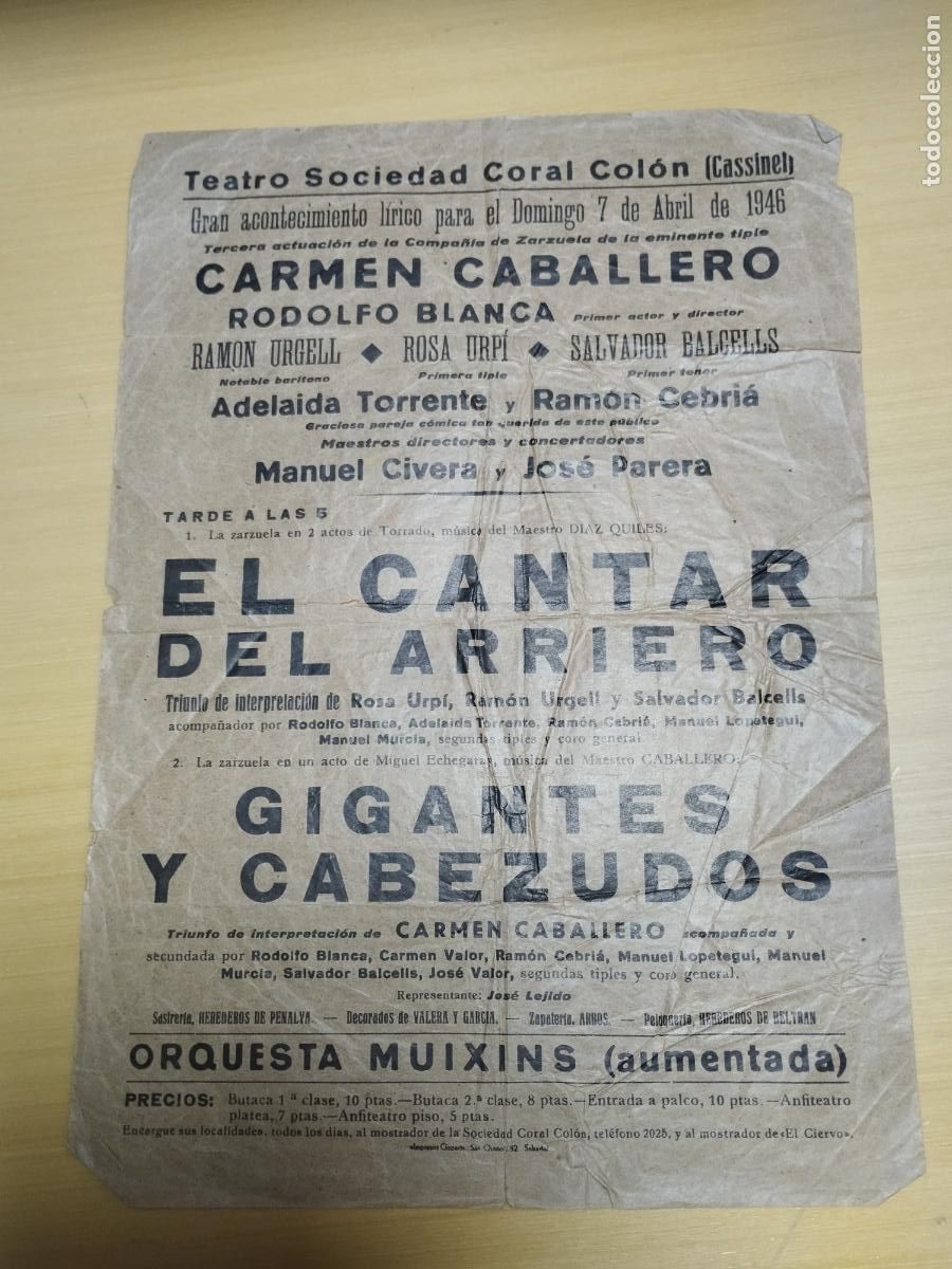 Colecionismo: TEATRO SOCIEDAD CORAL COLON. CASSINET. 1946. ZARZUELA. EL CANTAR DEL ARRIERO. GIGANTES Y CABEZUDOS