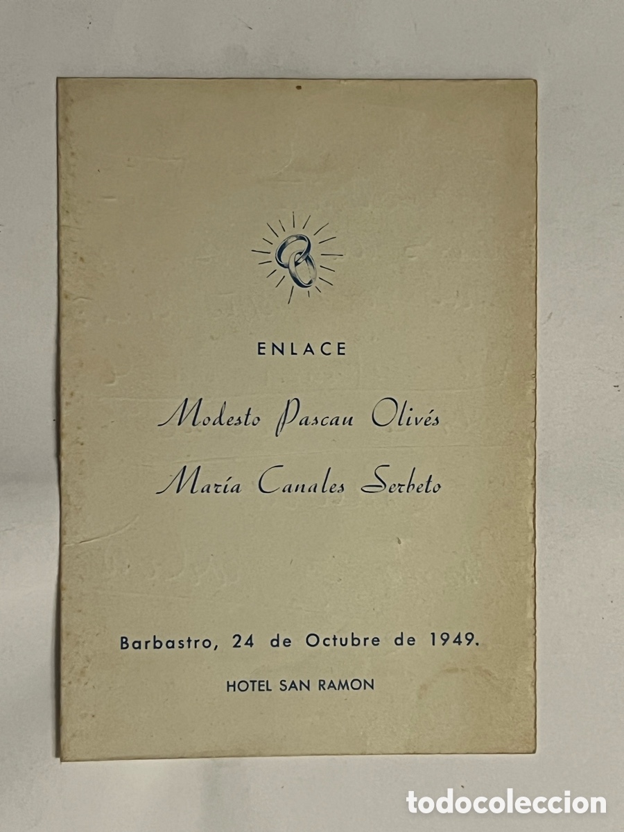 Collezionismo: BARBASTRO.. Hotel San Ram&oacute;n&hellip; Minuta Enlace.. (a.1948) Diptico
