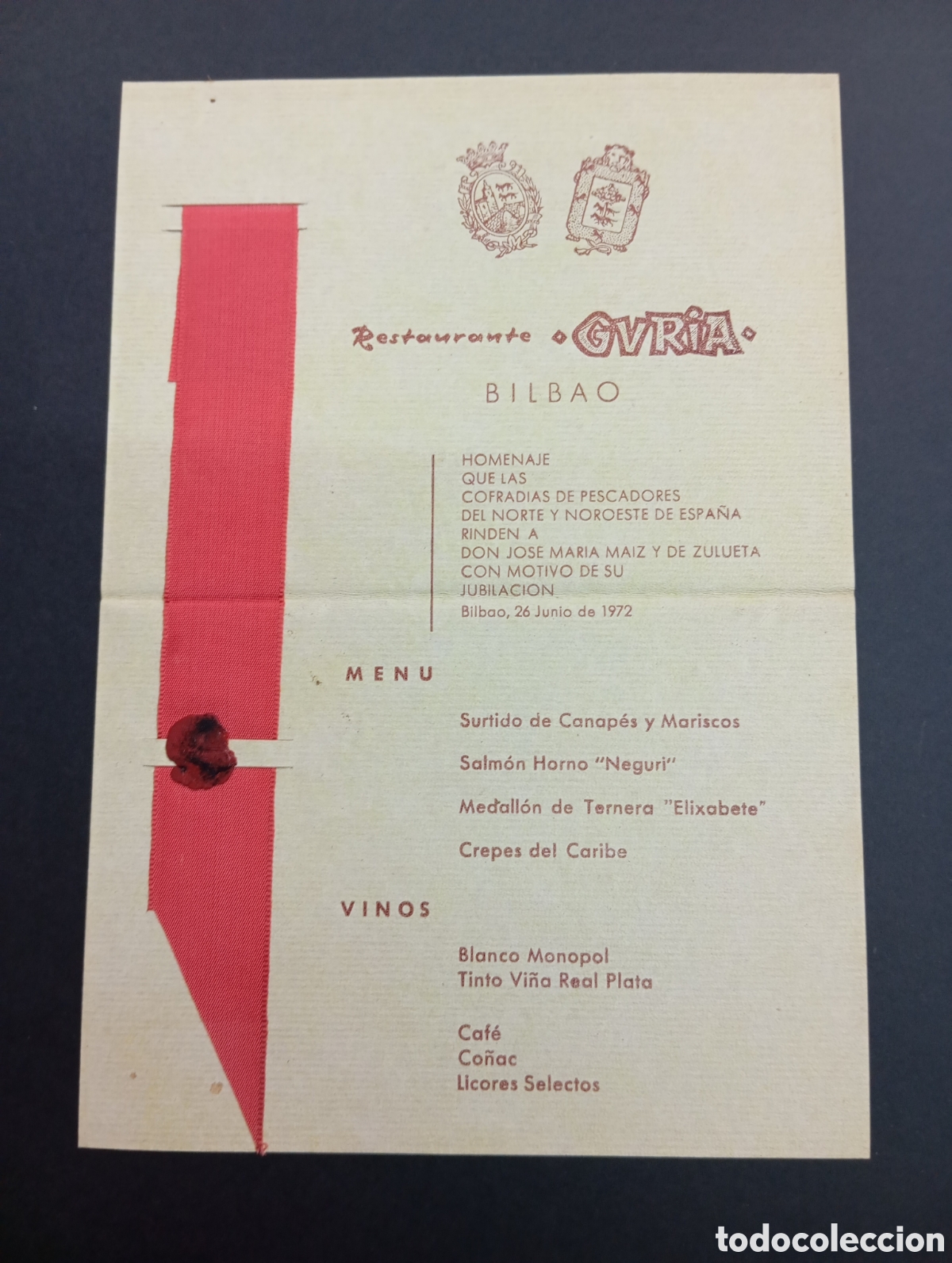 Collecting paper: MEN&Uacute; CARTA RESTAURANTE GURIA BILBAO COFRADIA PESCADORES 1972 COCINA VASCA