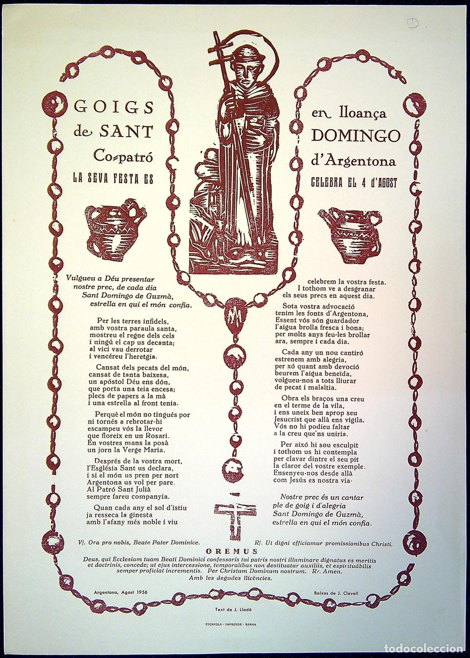 Colecionismo: GOIGS EN LLOAN&Ccedil;A DE SANT DOMINGO CO-PATR&Oacute; D'ARGENTONA - 1956