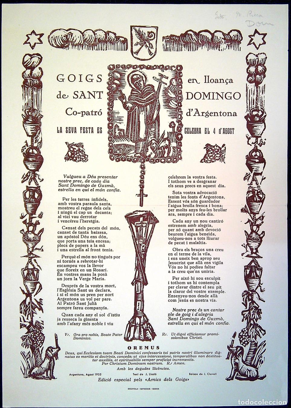 Collezionismo: GOIGS EN LLOAN&Ccedil;A DE SANT DOMINGO CO-PATR&Oacute; D'ARGENTONA &ndash; 1955