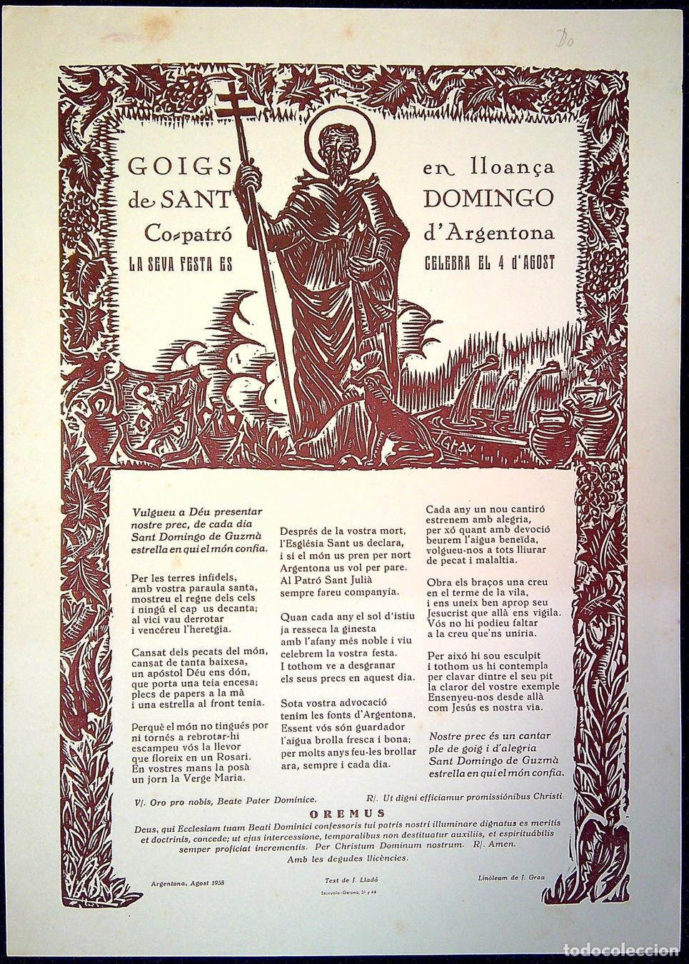 Collezionismo: GOIGS EN LLOAN&Ccedil;A DE SANT DOMINGO CO-PATR&Oacute; D'ARGENTONA - 1958