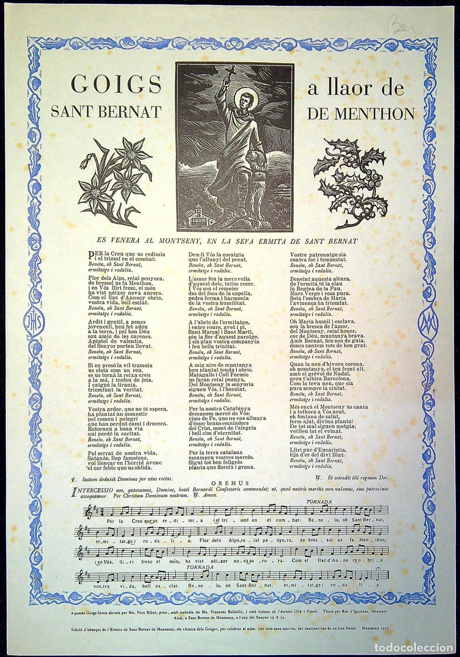 Collezionismo: GOIGS A LLAOR DE SANT BERNAT DE MENTHON - 1955