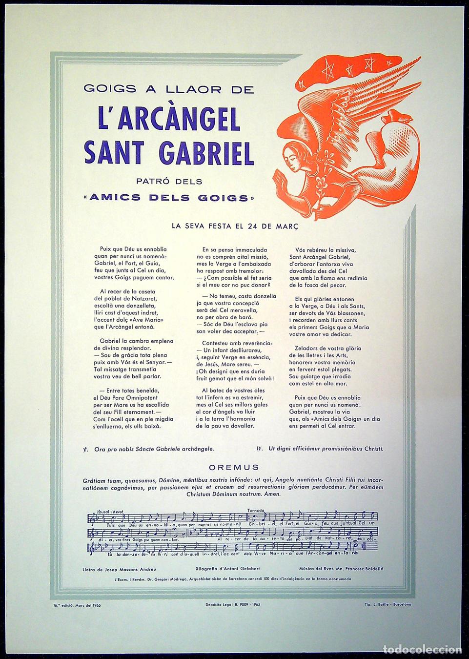 Colecionismo: GOIGS A LLAOR DE L'ARC&Agrave;NGEL SANT GABRIEL &ndash; 1965