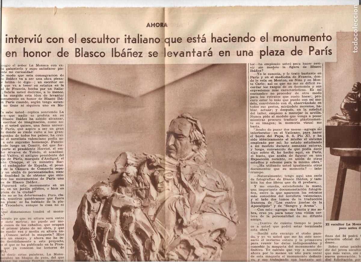 Coleccionismo: A&Ntilde;O 1933 RECORTE PRENS ESCULTURA MONUMENTO A BLASCO IBA&Ntilde;EZ EN PARIS OBRA ESCULTOR ITALIANO LA MONACA