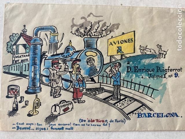 Collectionnisme: Ferrocarriles. Trenes. BCNMataro 1948. Sobre Conmemorativo humoristico 100 a&ntilde;os de la linea de tren.