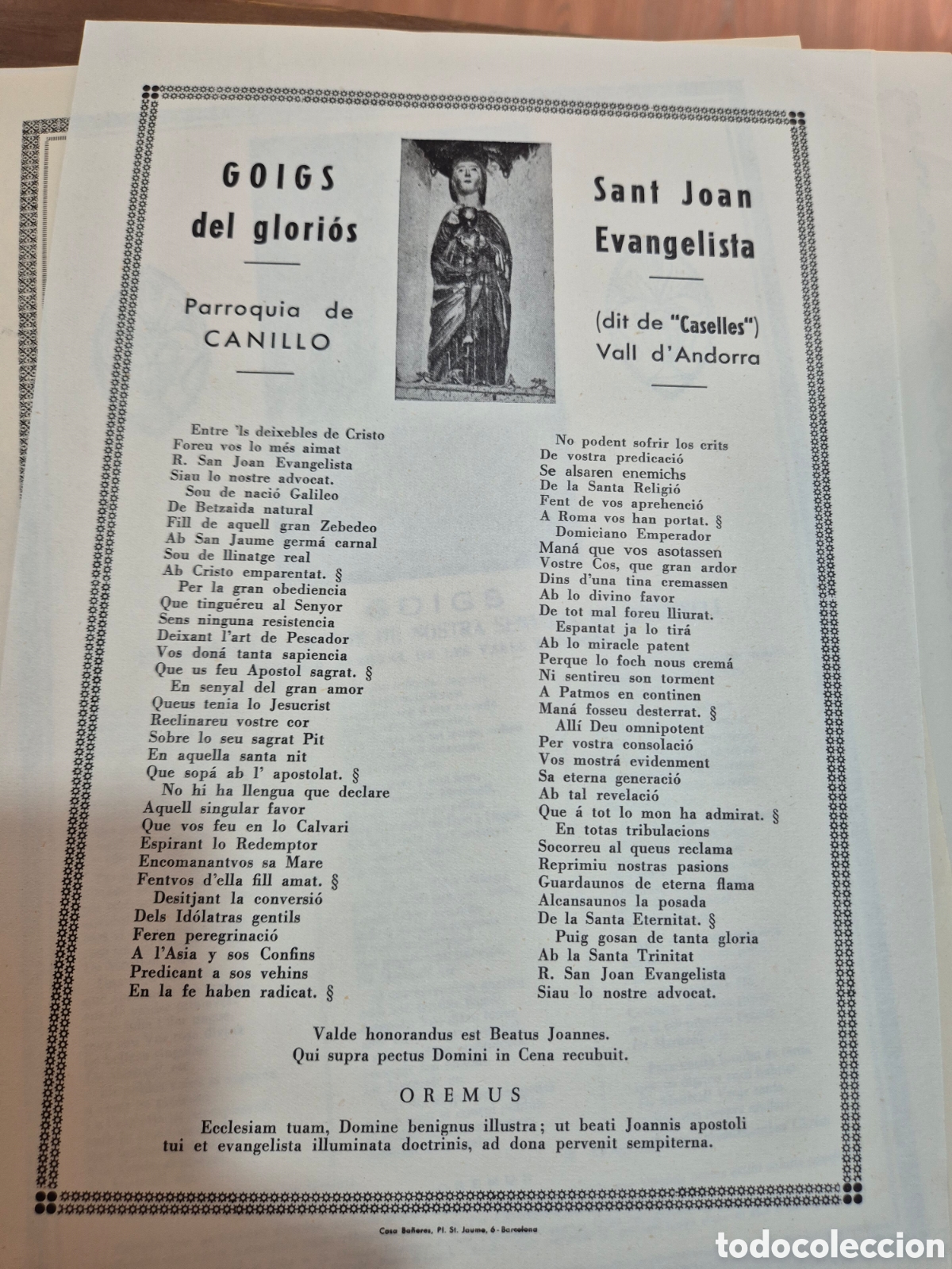 Collectionnisme: GOIGS DEL GLORIOS SANT JOAN EVANGELISTA CANILLO ANDORRA