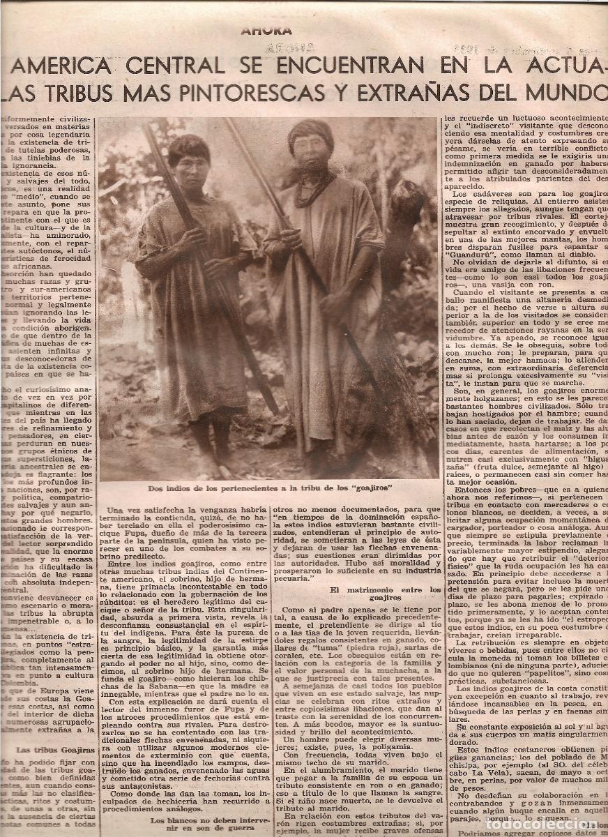 Coleccionismo: A&Ntilde;O 1933 RECORTE PRENSA AMERICA CENTRAL INDIO TRIBU DE LOS GOAJIROS TRIBU MAS EXTRA&Ntilde;A DEL MUNDO