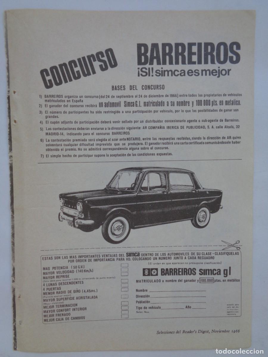 Coleccionismo: HOJA DE REVISTA CON ANUNCIO DE BARREIROS - SIMCA , CONCURSO. A&Ntilde;OS 60