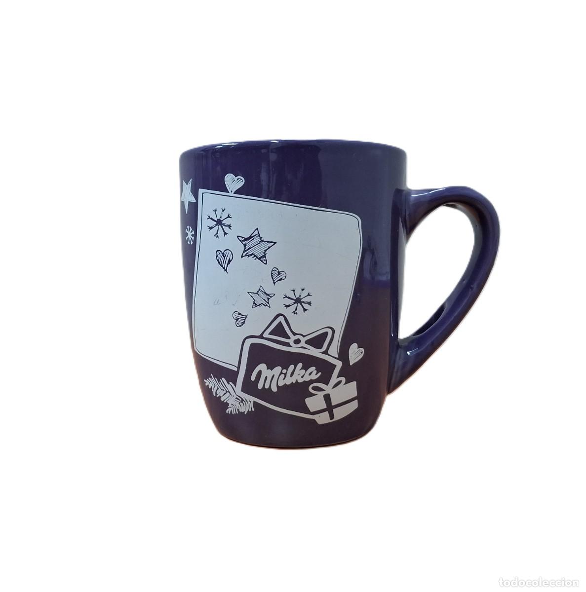 Coleccionismo: Taza de cer&aacute;mica promocional de Milka en color morado con dise&ntilde;o festivo