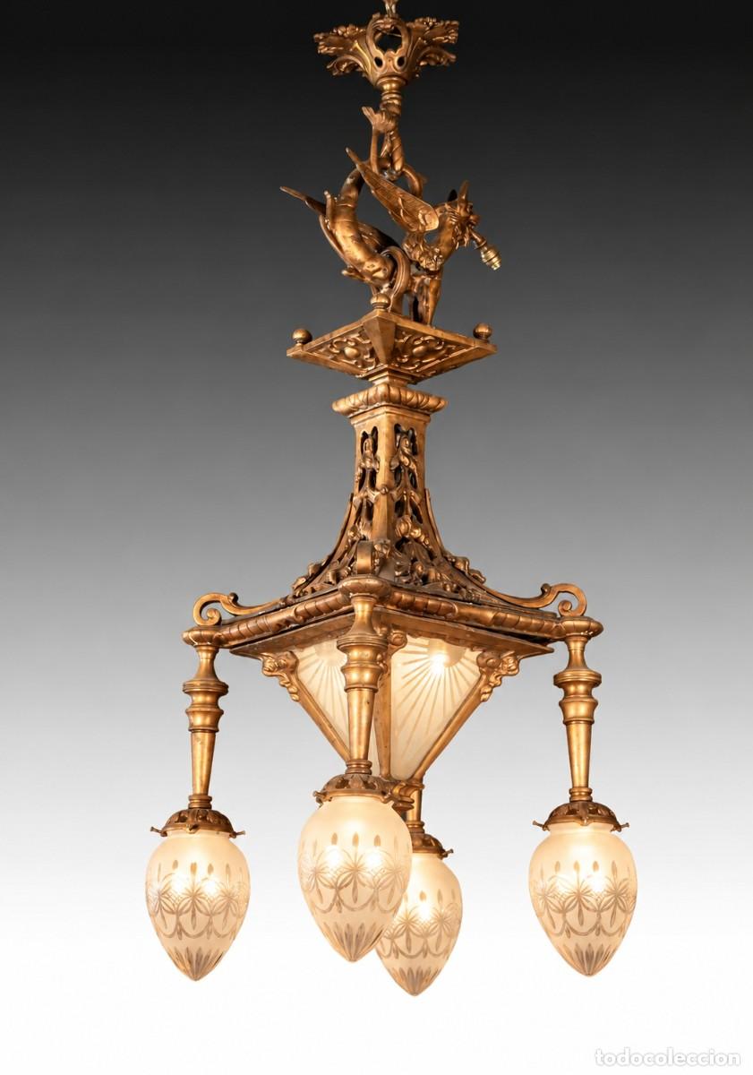 Coleccionismo: L&aacute;mpara farol de techo. Bronce, vidrio. Siglo XX, siguiendo modelos del siglo XIX.