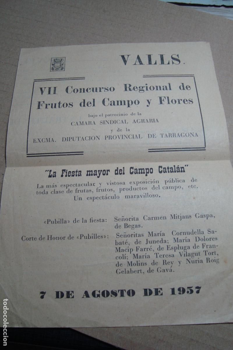 Coleccionismo: PROGRAMA CONCURSO FRUTOS CAMPO Y FLORES. VALLS 1957. ESBART SARRI&Aacute;. ORFEON LAUDATE.